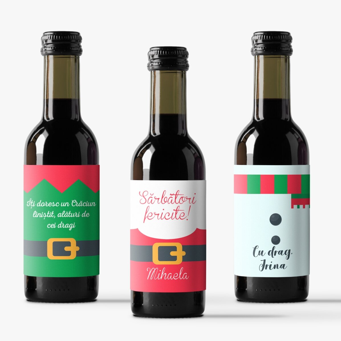 Set de 3 mini sticluțe de vin personalizate - Personaje de Crăciun