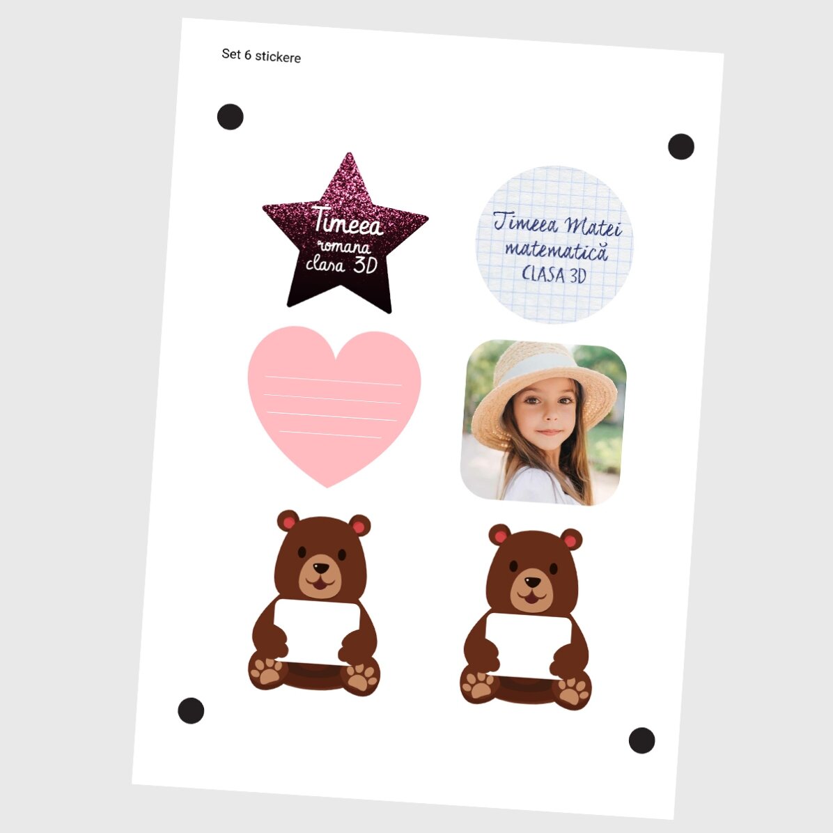 Set de 6 stickere (etichetă autoadezivă) personalizate pentru școală - Cute