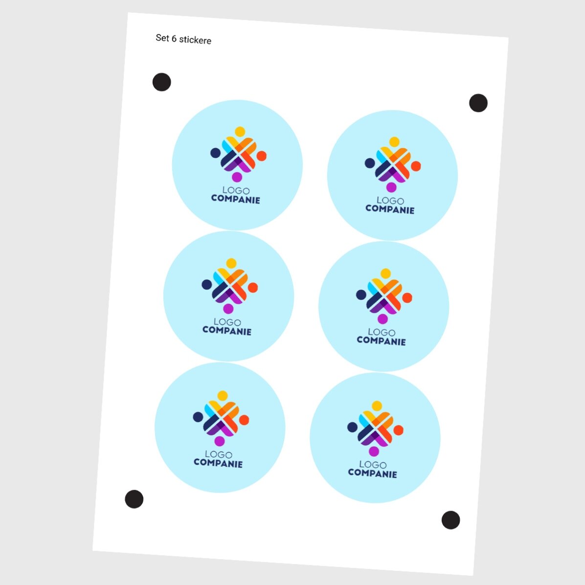 Set de 6 stickere (etichetă autoadezivă) rotunde, diametru 7cm personalizate cu logo