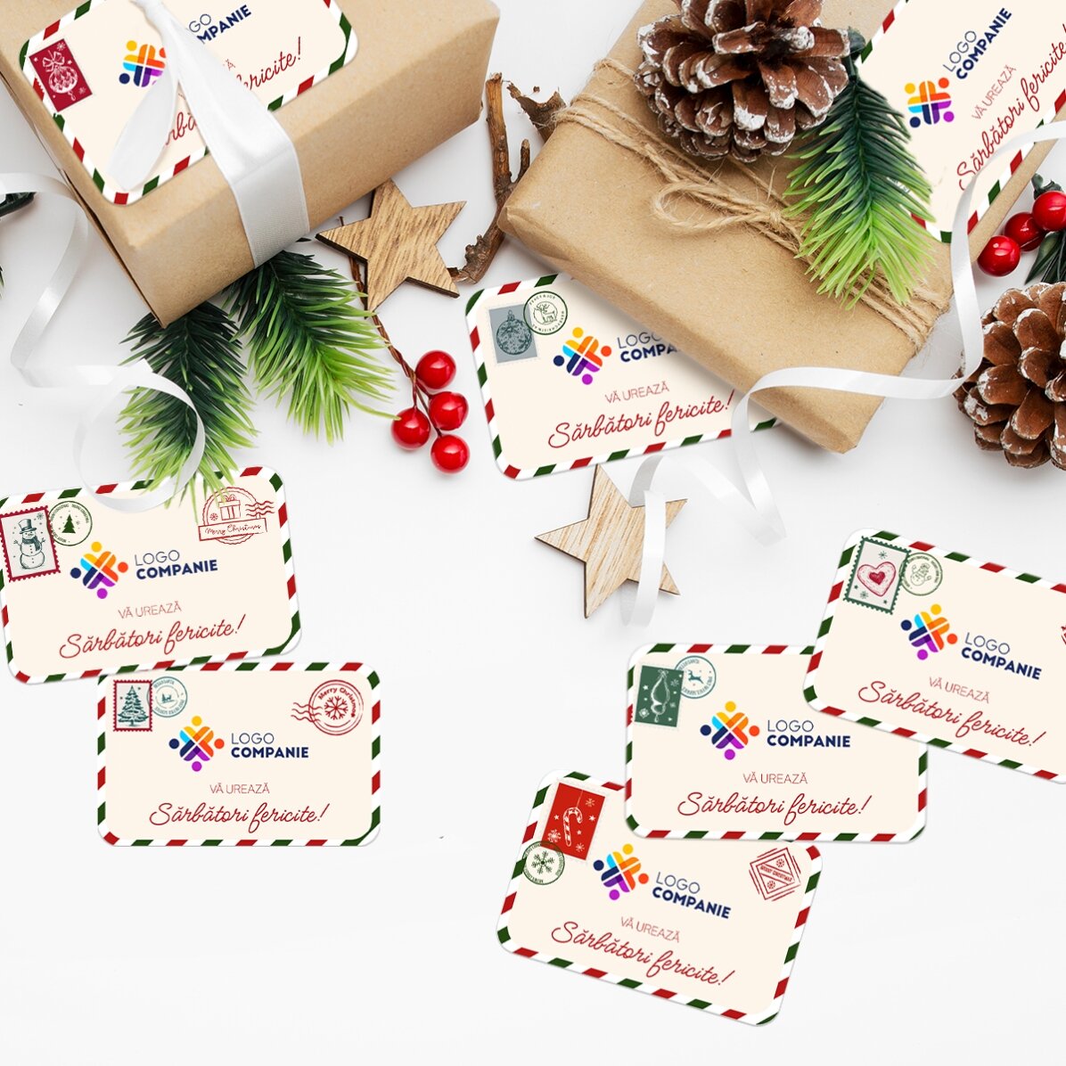 Set de 8 stickere (etichetă autoadezivă) dreptunghiulare personalizate cu logo - Timbre de Crăciun