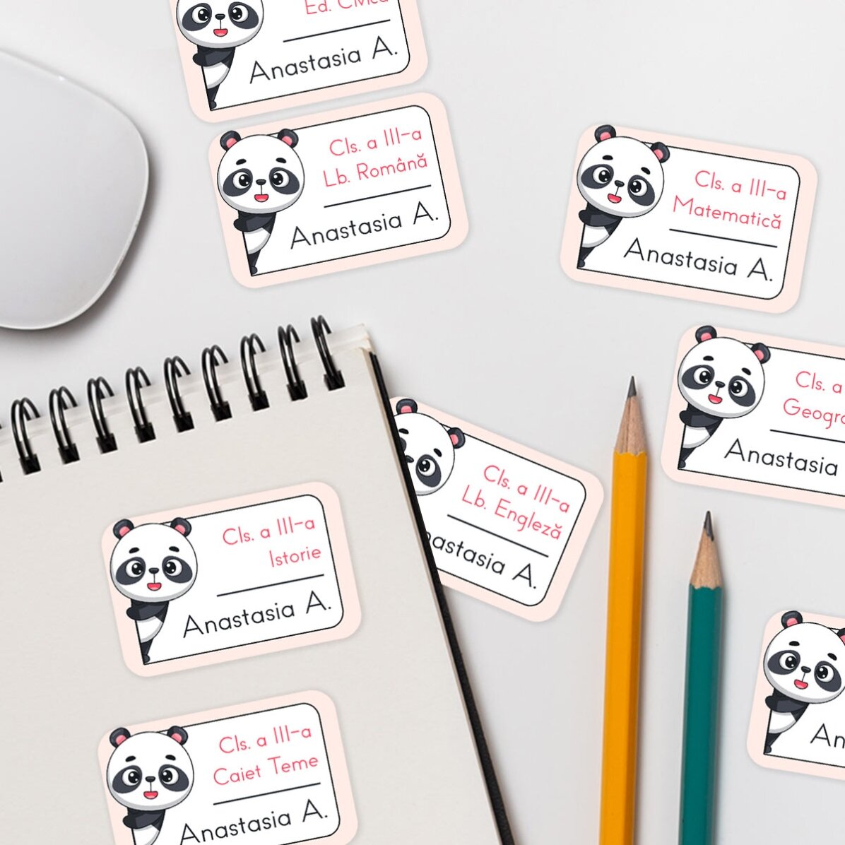 Set de 8 stickere (etichetă autoadezivă) personalizate pentru școală - Panda