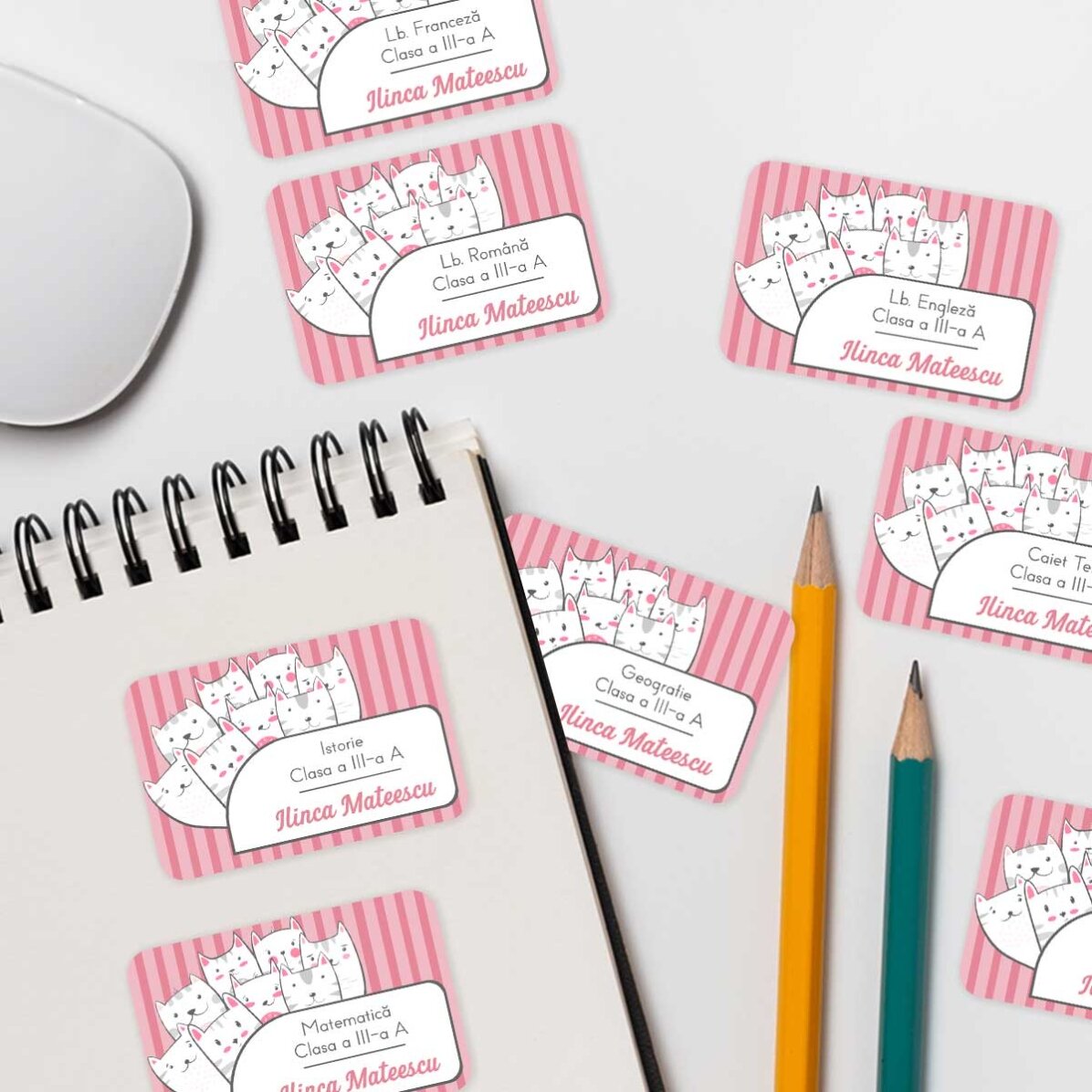 Set de 8 stickere (etichetă autoadezivă) personalizate cu text - Kitty