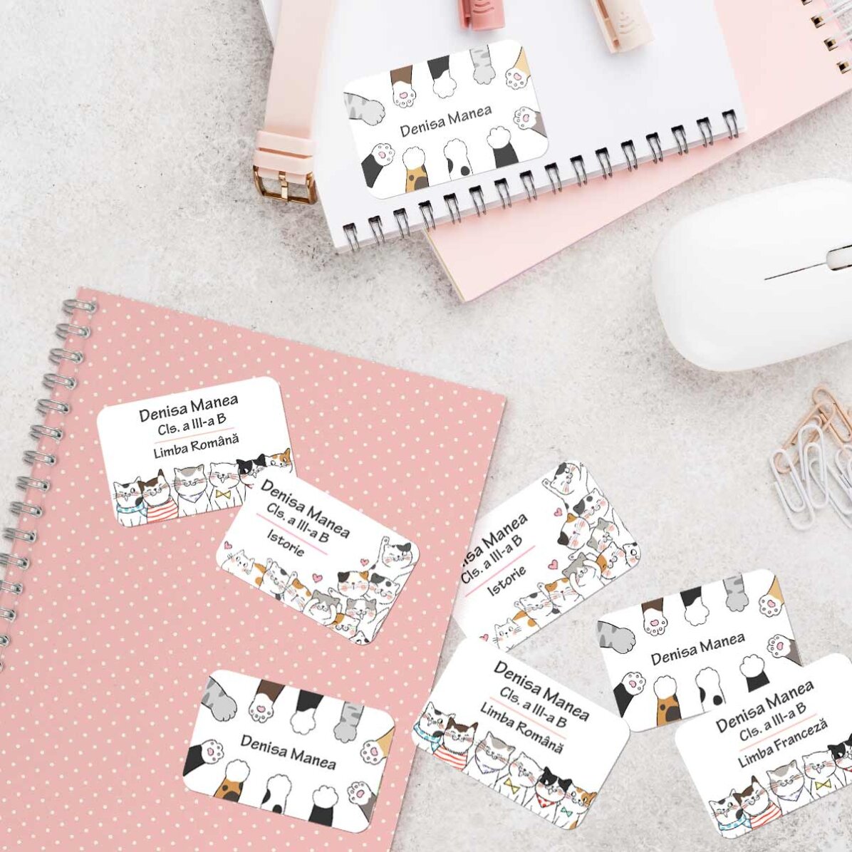 Set de 8 stickere (etichetă autoadezivă) personalizate pentru școală - Kitty