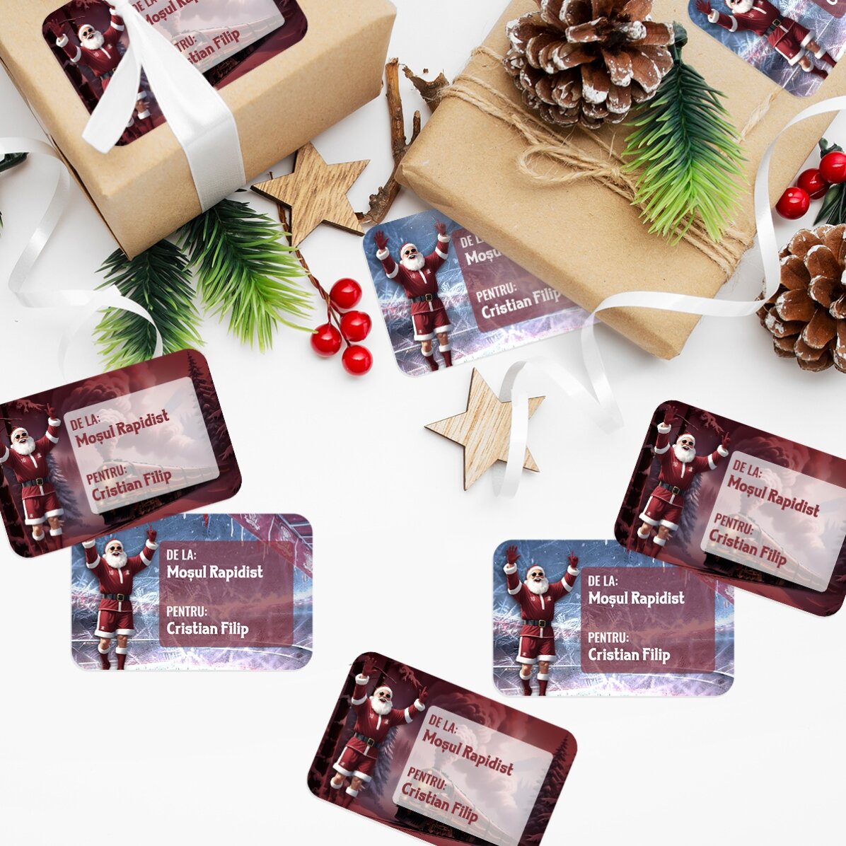 Set de 8 stickere (etichetă autoadezivă) FC Rapid personalizate cu text - Bucuria Crăciunului