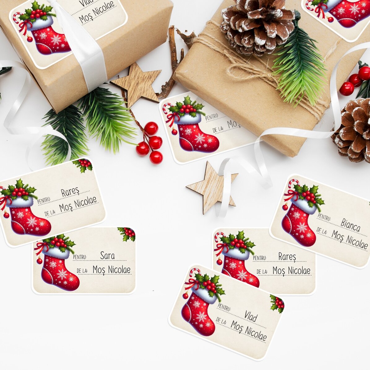 Set de 8 stickere (etichetă autoadezivă) personalizate - Cu drag, Moș Nicolae