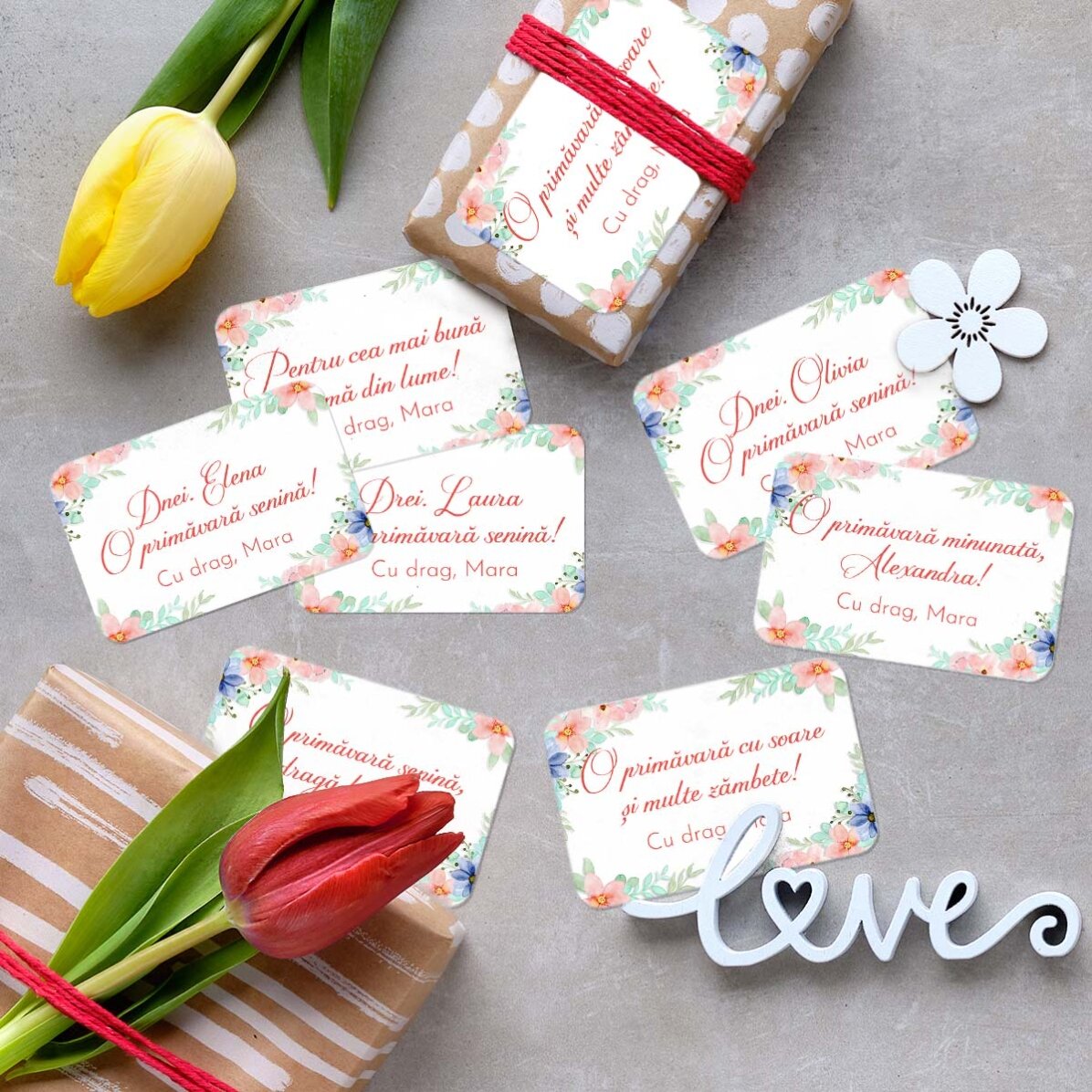 Set de 8 stickere (etichetă autoadezivă) personalizate cu mesaje - Floral