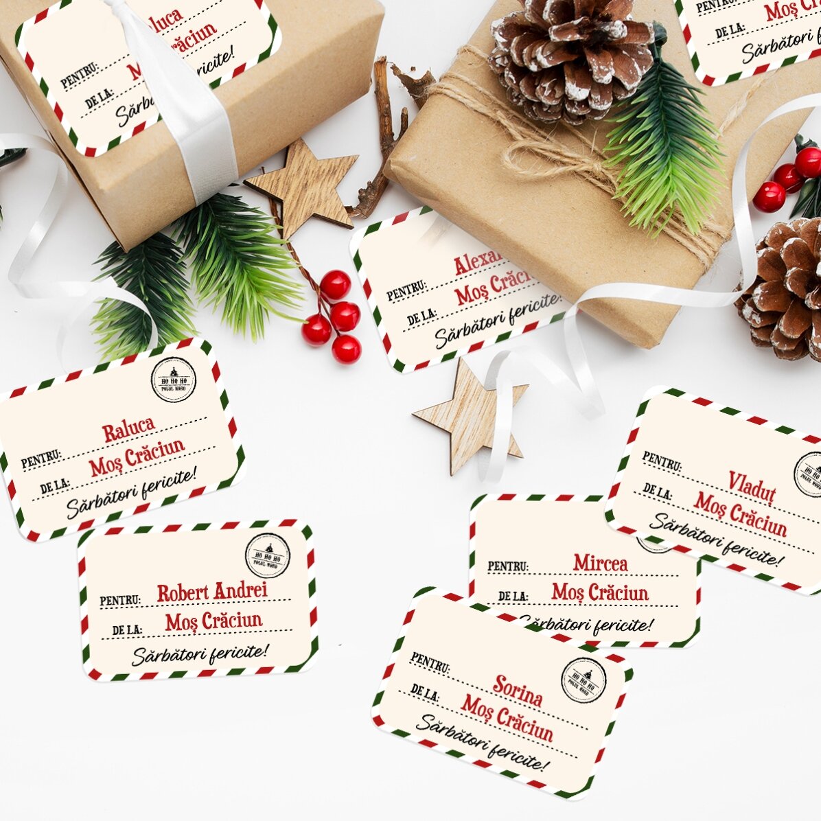 Set de 8 stickere (etichetă autoadezivă) personalizate cu text - Cu drag, Moș Crăciun