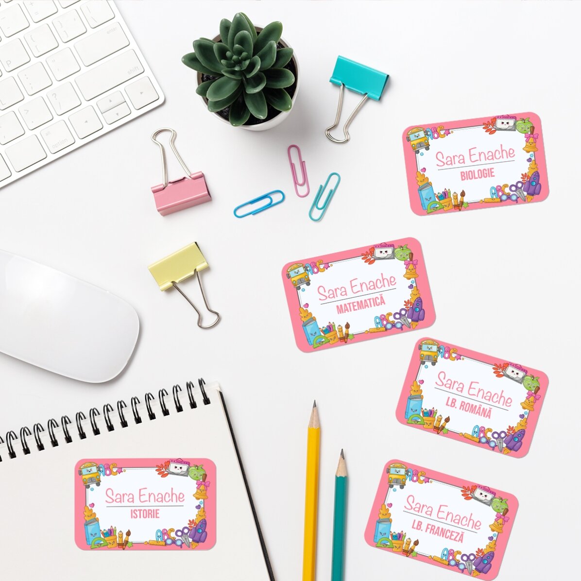 Set de 8 stickere (etichetă autoadezivă) personalizate pentru școală cu text - Back to school