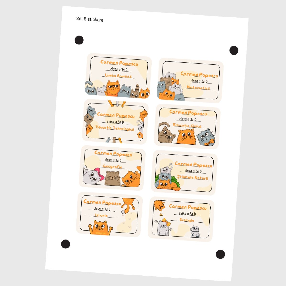 Set de 8 stickere (etichetă autoadezivă) personalizate pentru școală cu text - Kittens