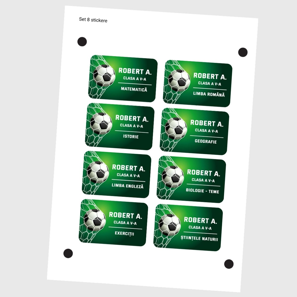 Set de 8 stickere (etichetă autoadezivă) personalizate pentru școală - Fotbal