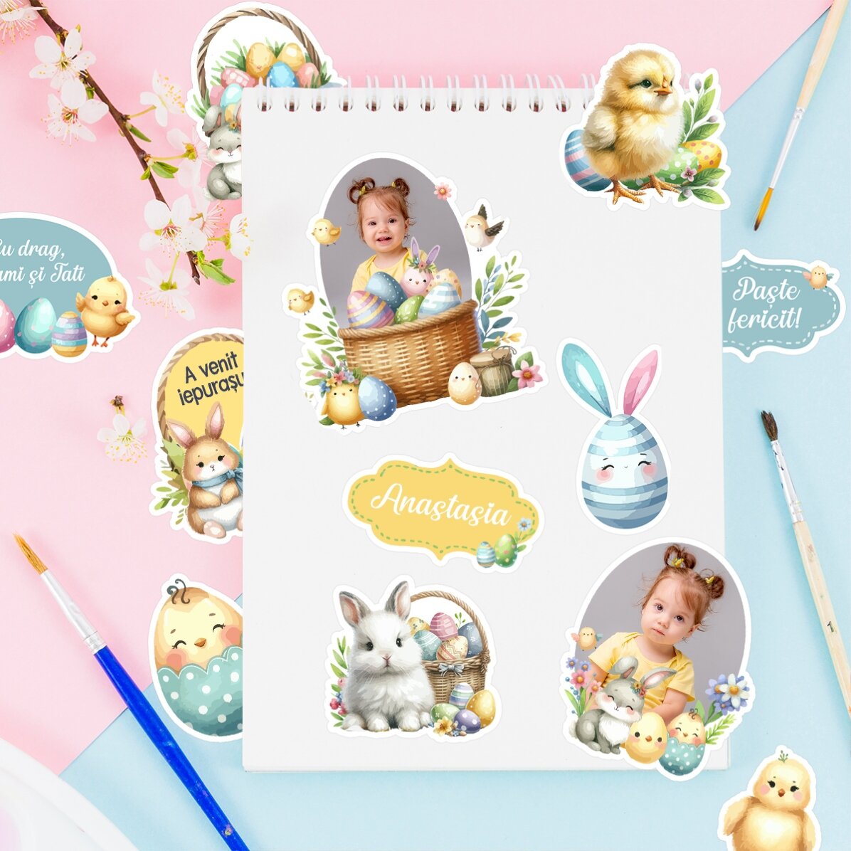 Set de stickere (etichetă autoadezivă) personalizate cu poze și text - Paște fericit!