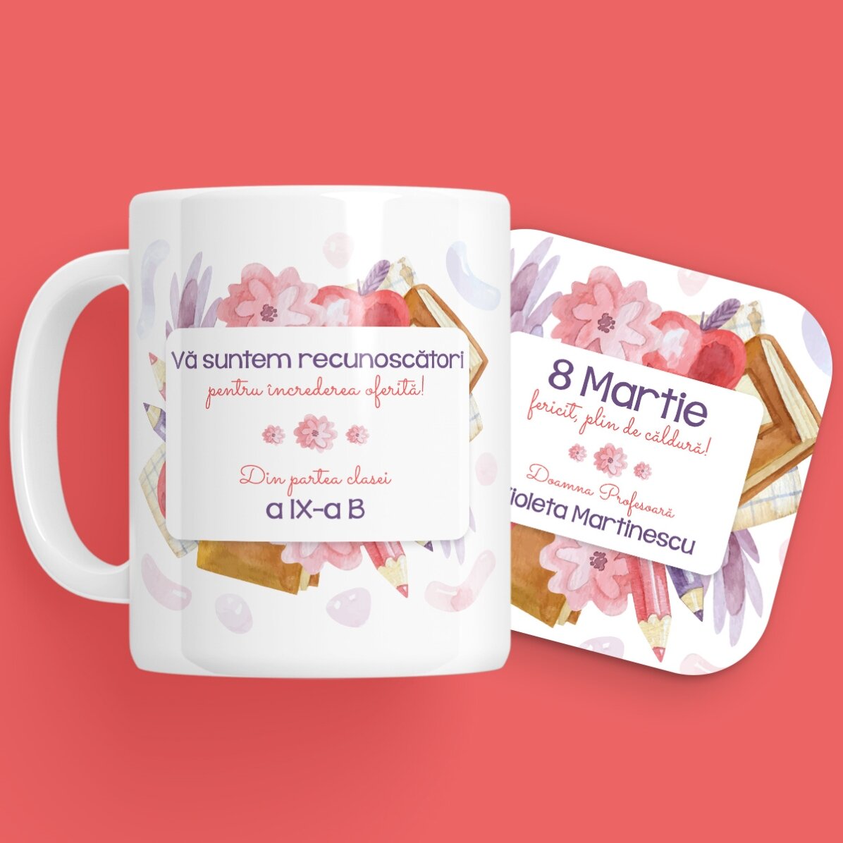 Set personalizat - cana și suport pentru pahar - Primăvara profesorilor