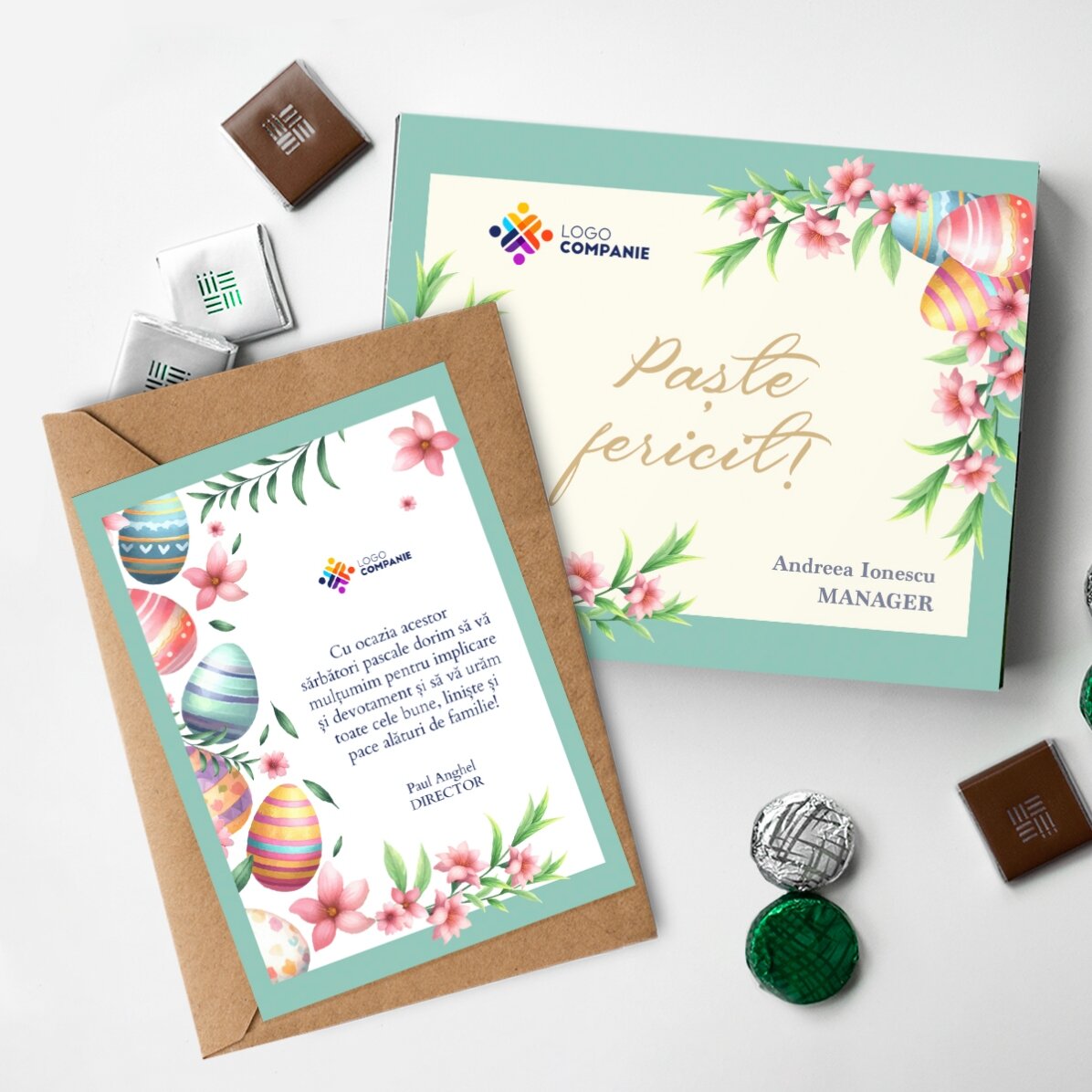Set personalizat cu logo - cutie de bomboane și card - Paște fericit!