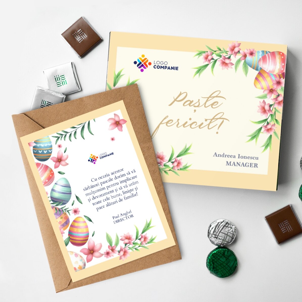 Set personalizat cu logo - cutie de bomboane și card - Paște fericit!