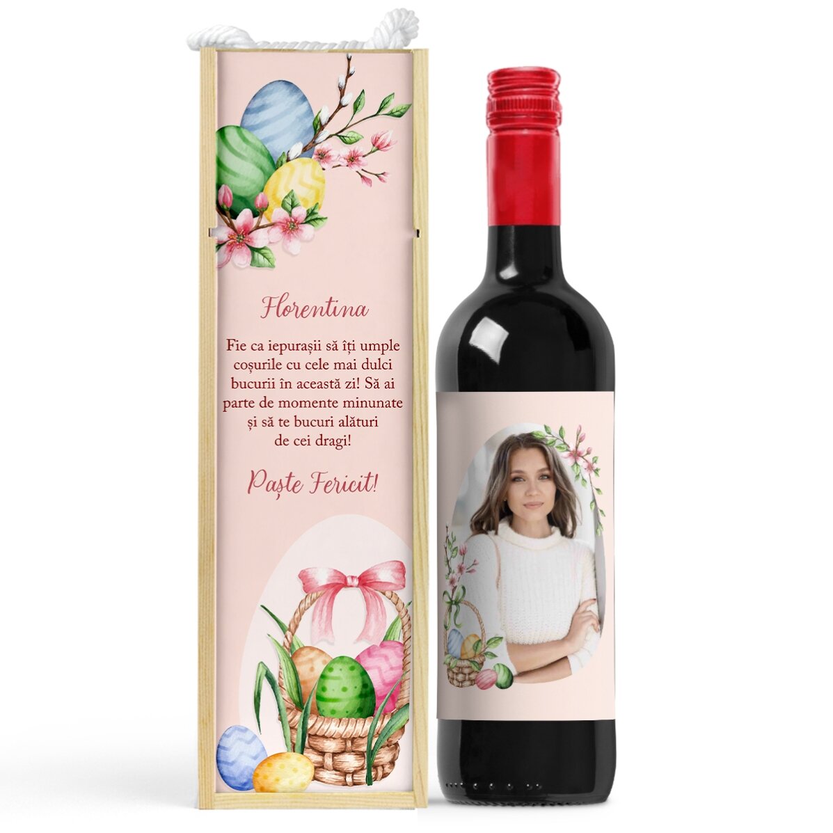 Set personalizat - Cutie și sticlă de vin de Paște - Pink Flowers