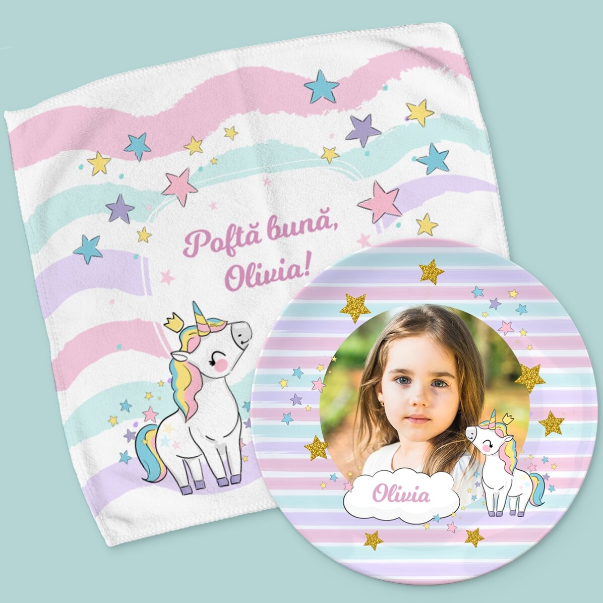 Set personalizat - farfurie și prosopel - Unicorn