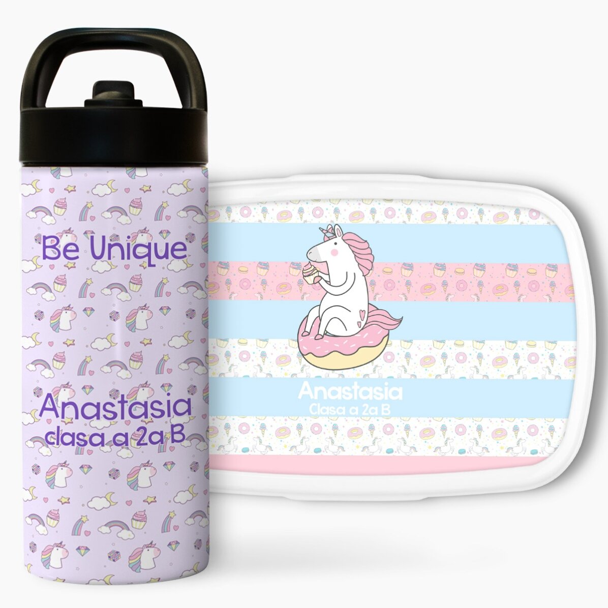 Set personalizat - Lunch box, caserolă și termos cu mâner și pai - Cute Unicorn