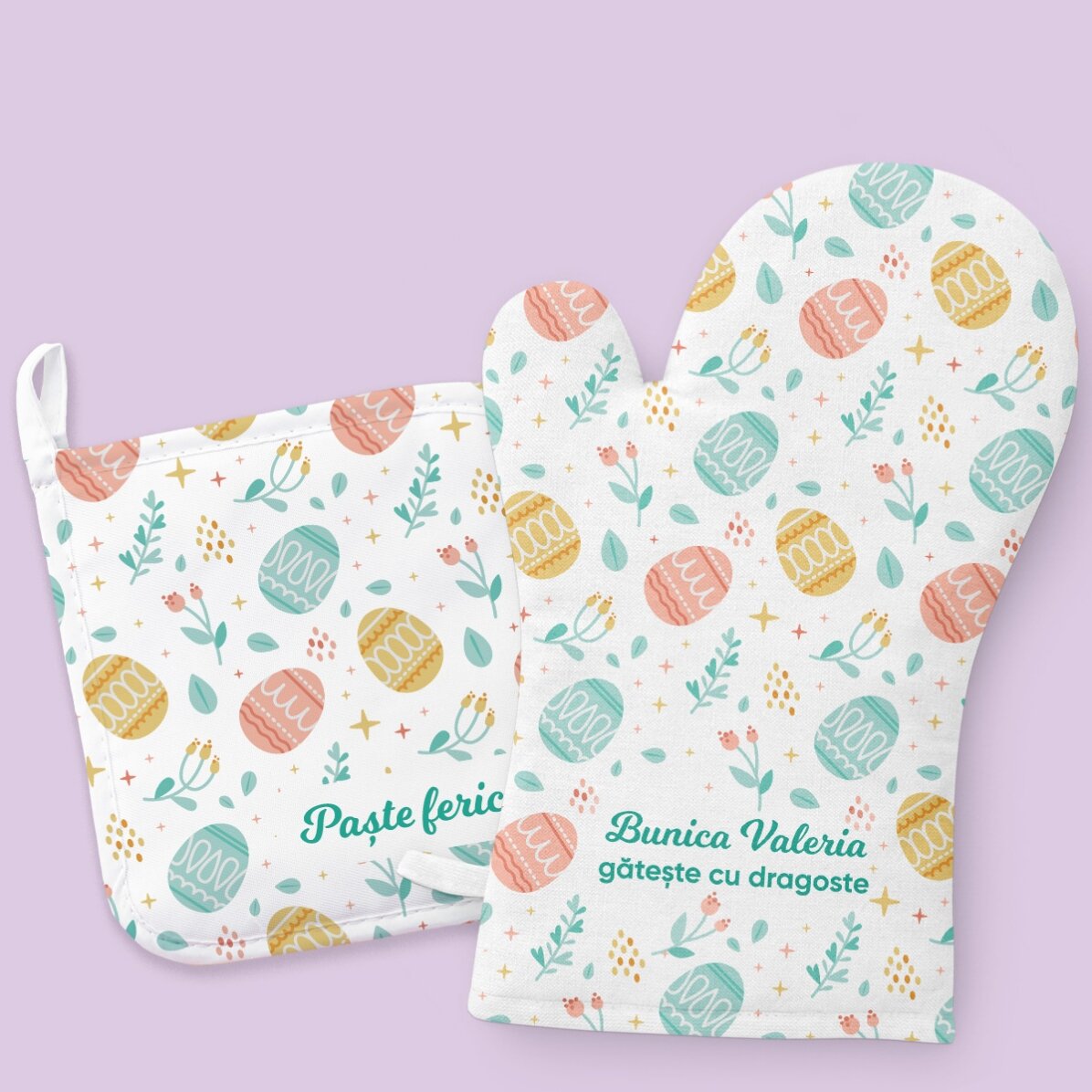 Set personalizat - mănușă și suport de oală - Paște fericit