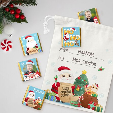 Set personalizat - săculeț și 5 mini ciocolățele - De la Moș Crăciun