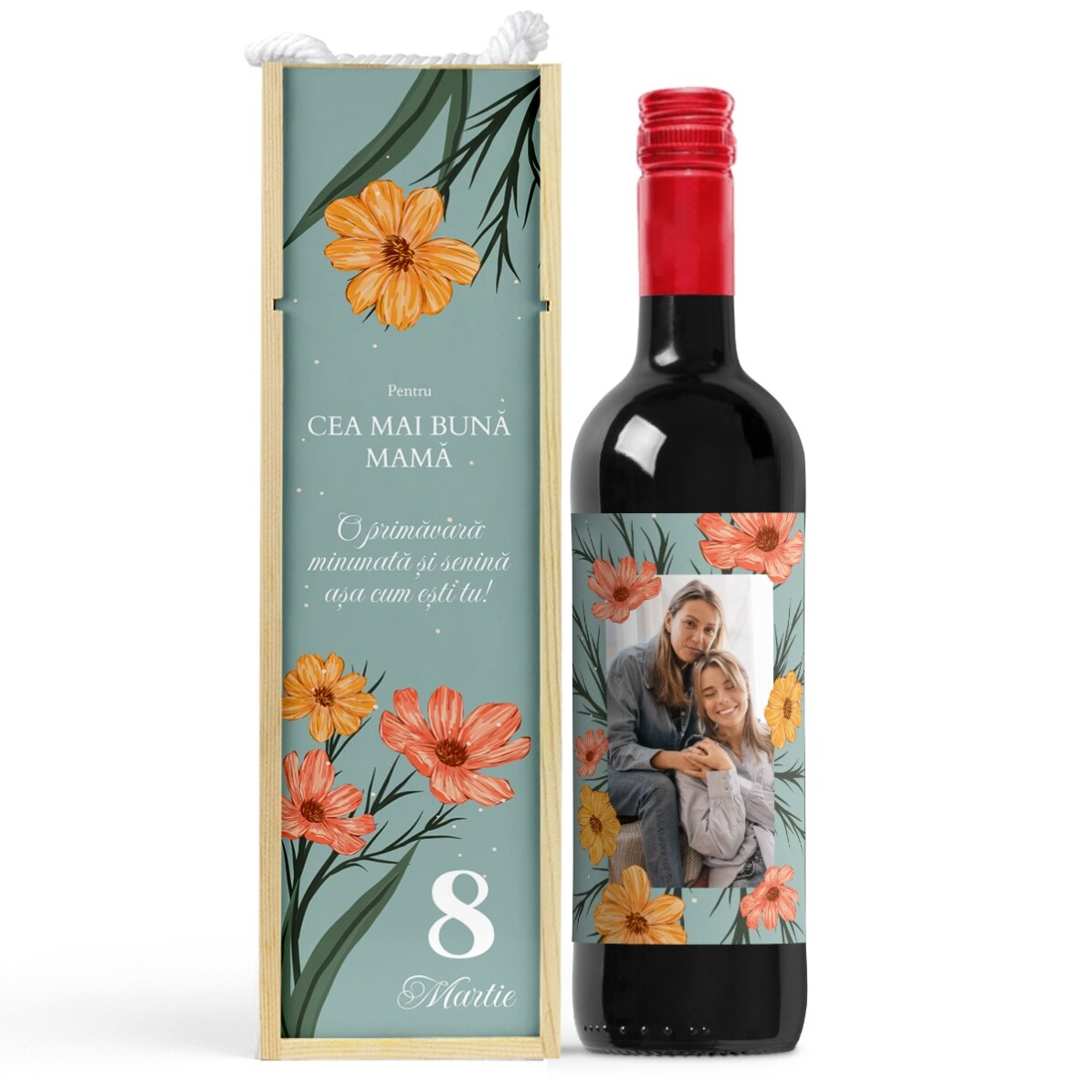 Set personalizat - sticlă și cutie de vin - model floral