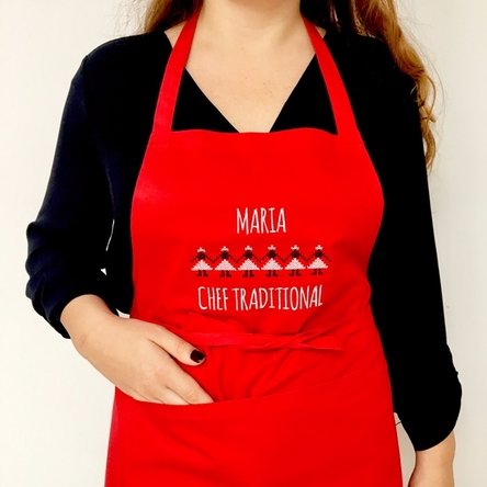 Șorț personalizat cu broderie tradițională pe roșu