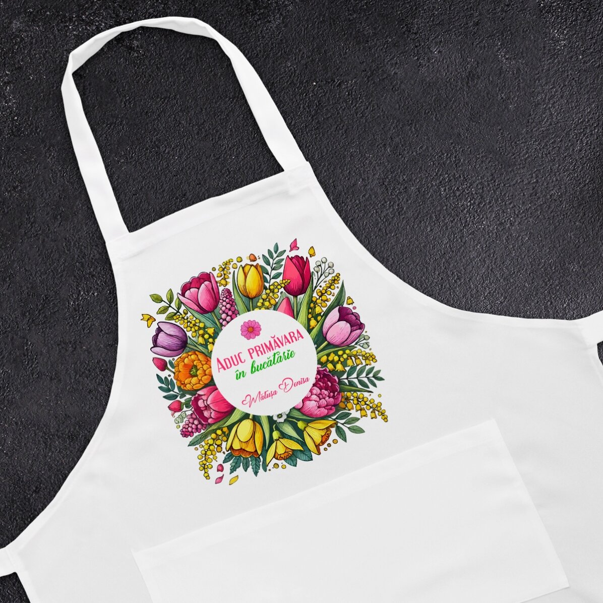 Șorț personalizat cu text - Flori de primăvară