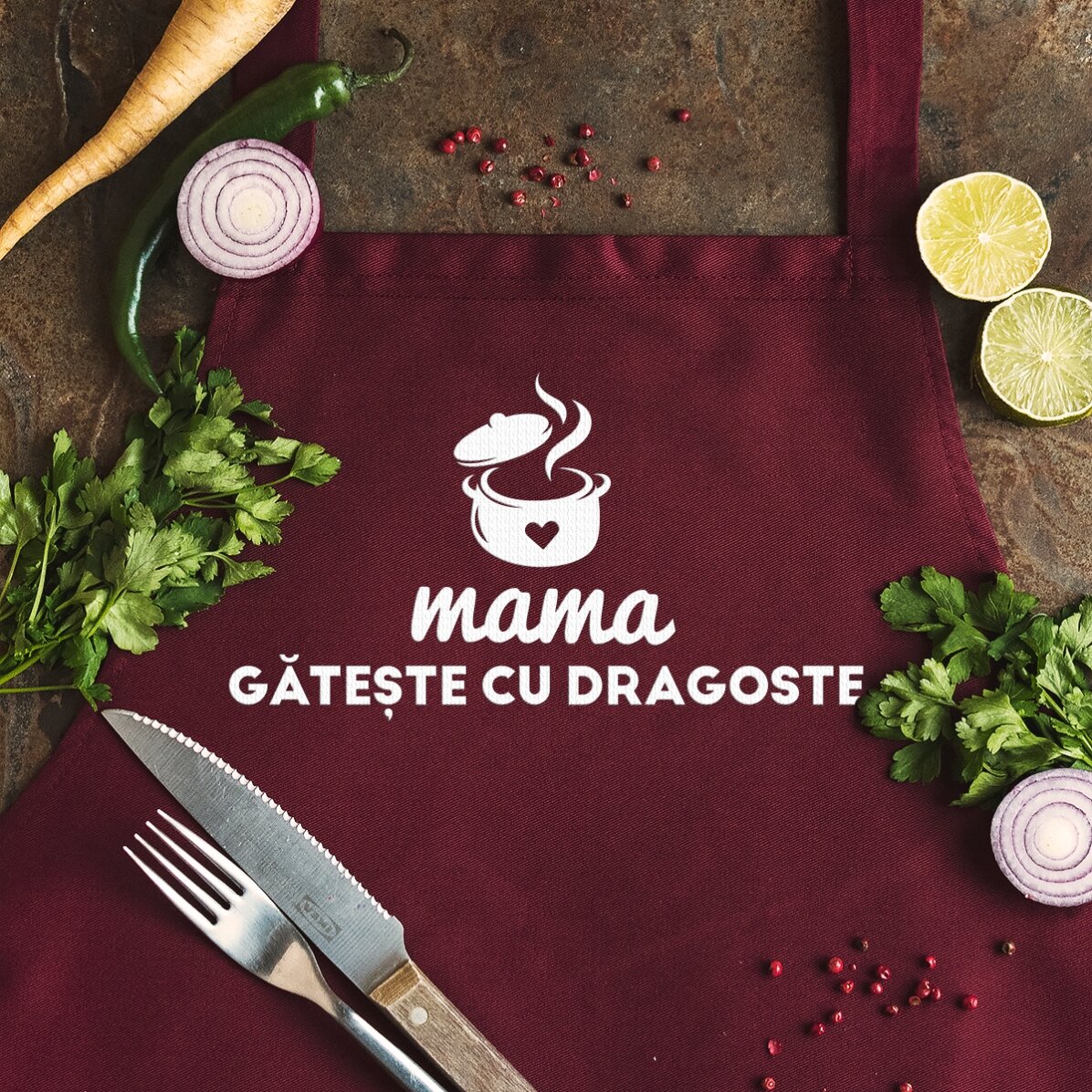 Șorț personalizat cu text - Mama gătește cu dragoste