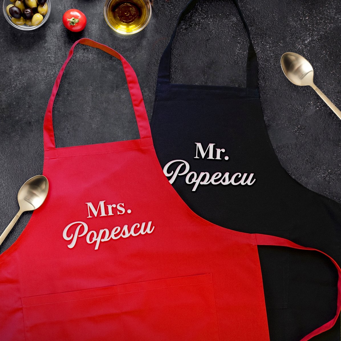 Șorțuri personalizate pentru cuplu - Mr and Mrs