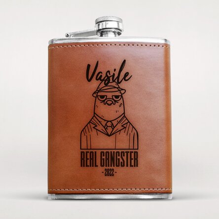 Sticlă de buzunar îmbrăcată în piele personalizată cu nume - Gangster