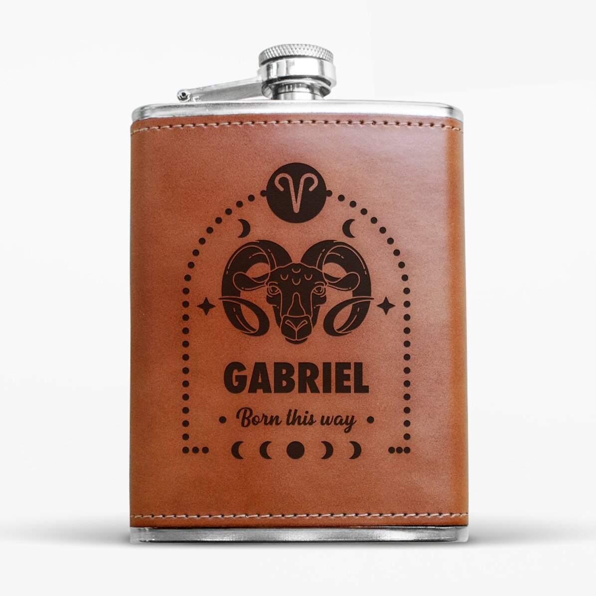 Sticlă de buzunar îmbrăcată în piele personalizată cu text și zodie - Berbec