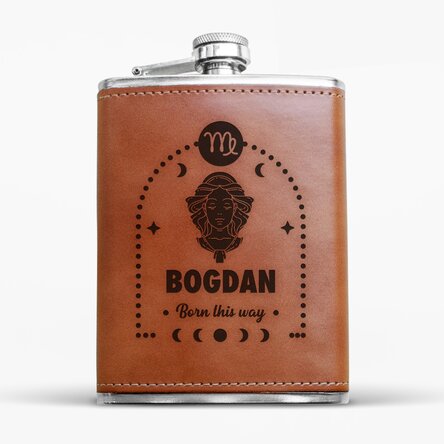 Sticlă de buzunar îmbrăcată în piele personalizată cu text și zodie - Fecioară