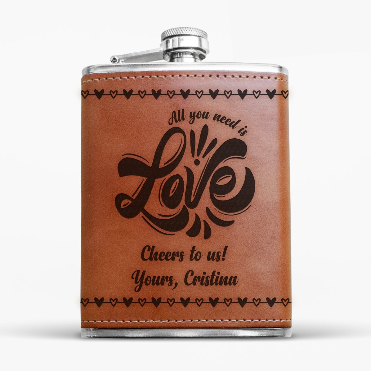 Sticlă de buzunar personalizată îmbrăcată în piele - All you need is love