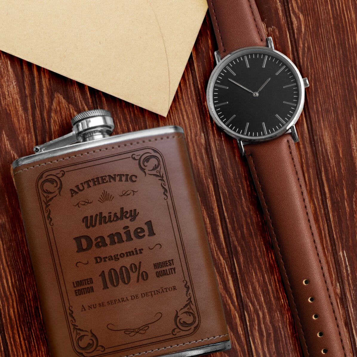 Sticlă de buzunar personalizată îmbrăcată în piele - Authentic Drink