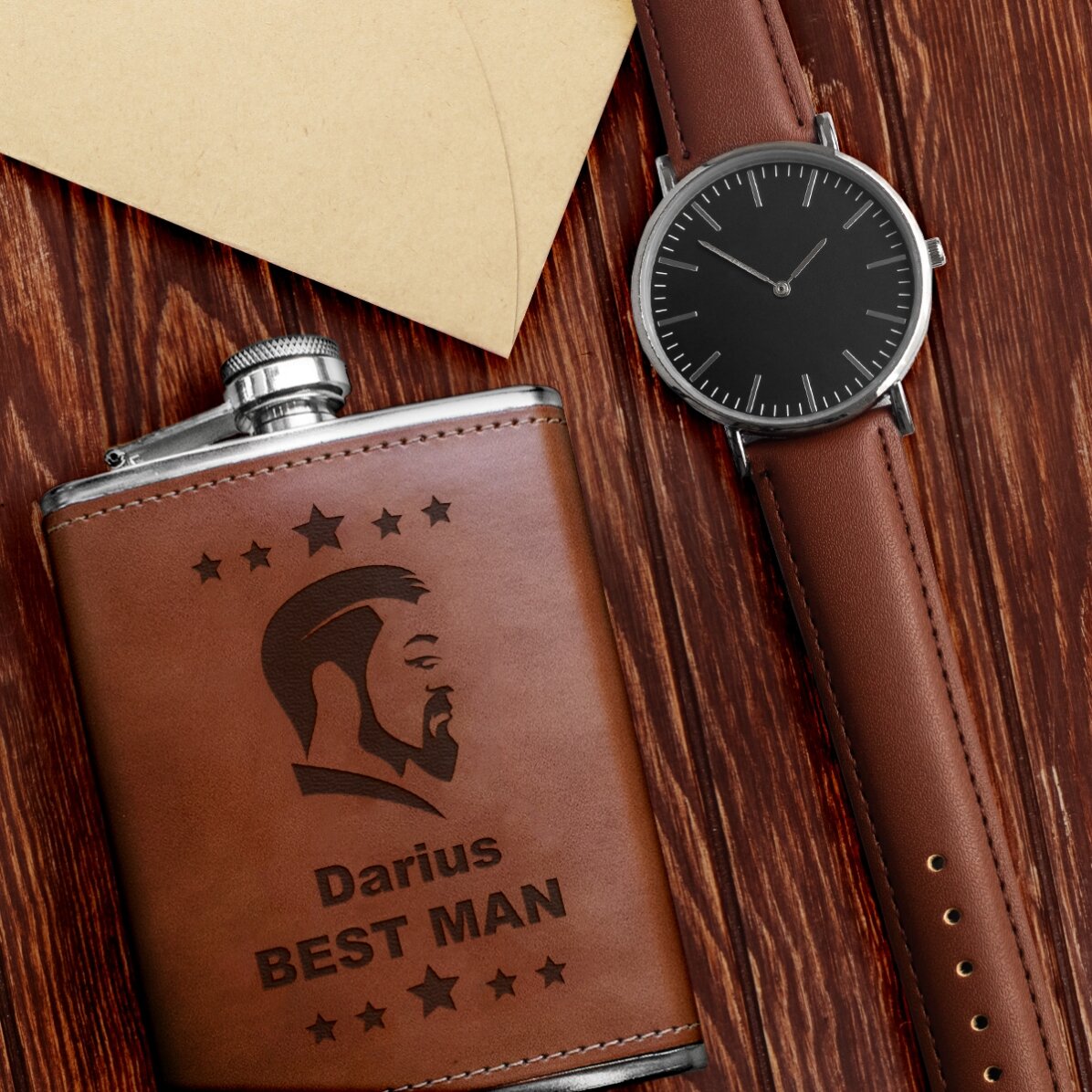 Sticlă de buzunar personalizată îmbrăcată în piele - Best man