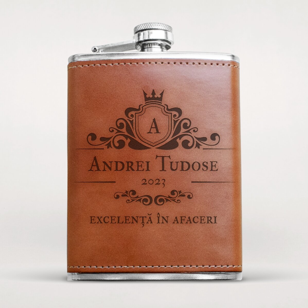 Sticlă de buzunar personalizată îmbrăcată în piele - Excellence