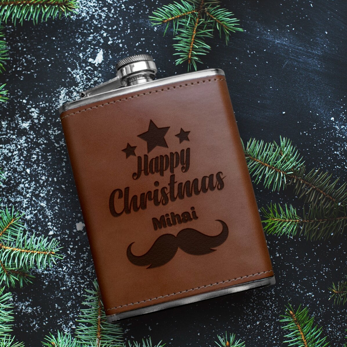 Sticlă de buzunar personalizată îmbrăcată în piele - Happy Christmas