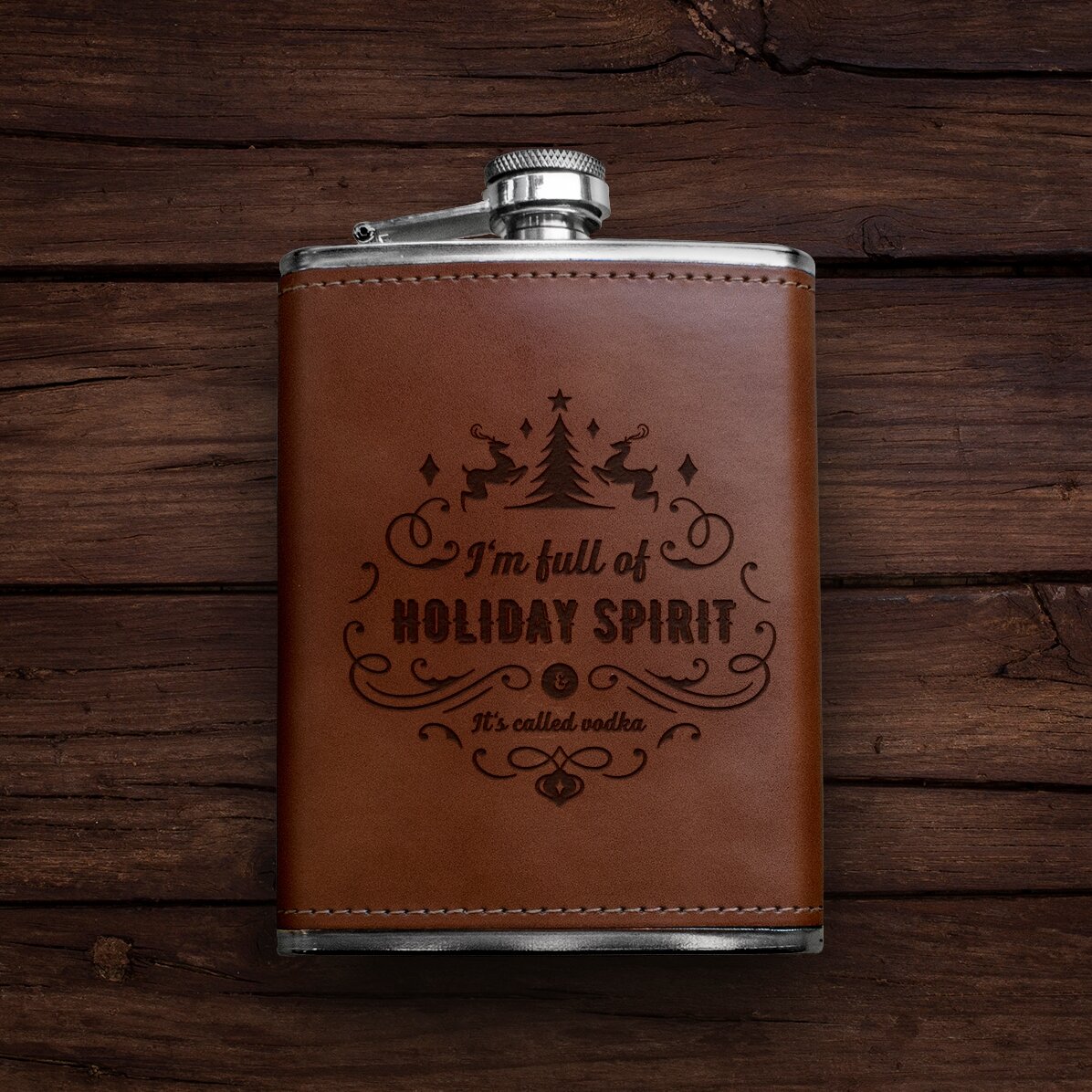 Sticlă de buzunar personalizată îmbrăcată în piele - Holiday Spirit