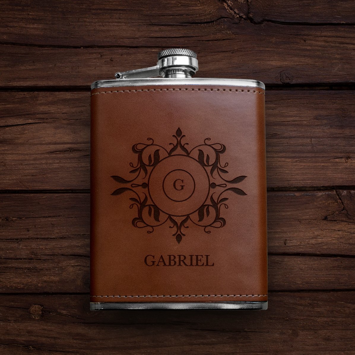 Sticlă de buzunar personalizată îmbrăcată în piele - Monogramă