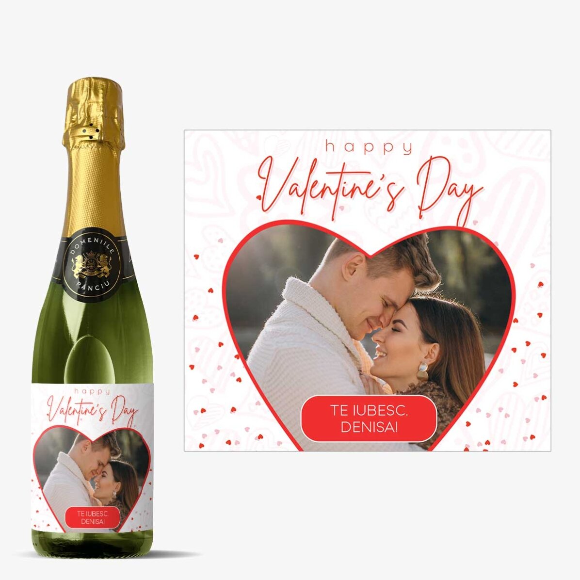 Sticlă medie de vin spumant personalizat cu o poză și text - Inimă