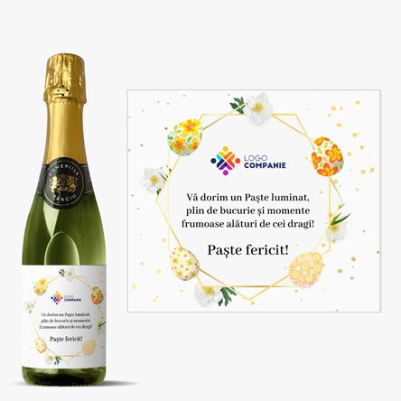 Sticlă medie de vin spumant personalizată cu logo și text - Urare de Paște