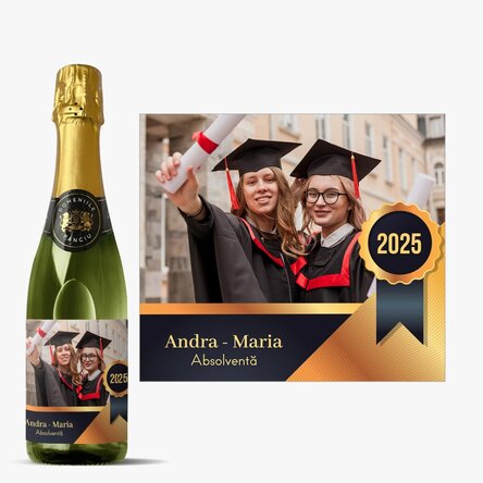 Sticlă medie de vin spumant personalizată cu mesaj și o poză - Absolvire