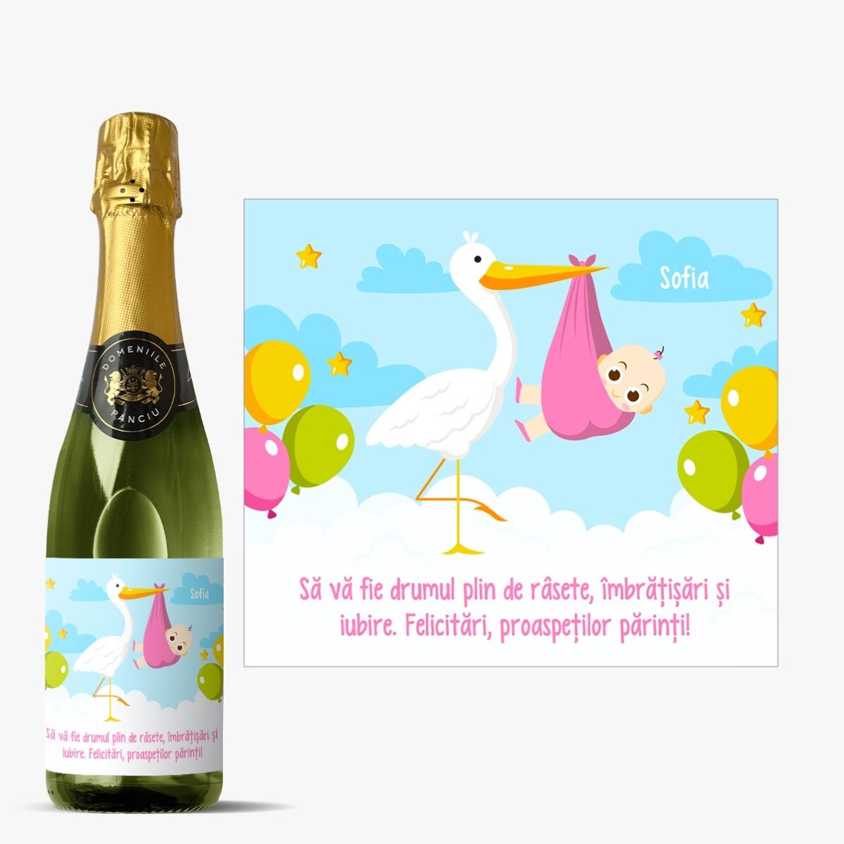 Sticlă medie de vin spumant personalizată cu mesaj - Felicitări