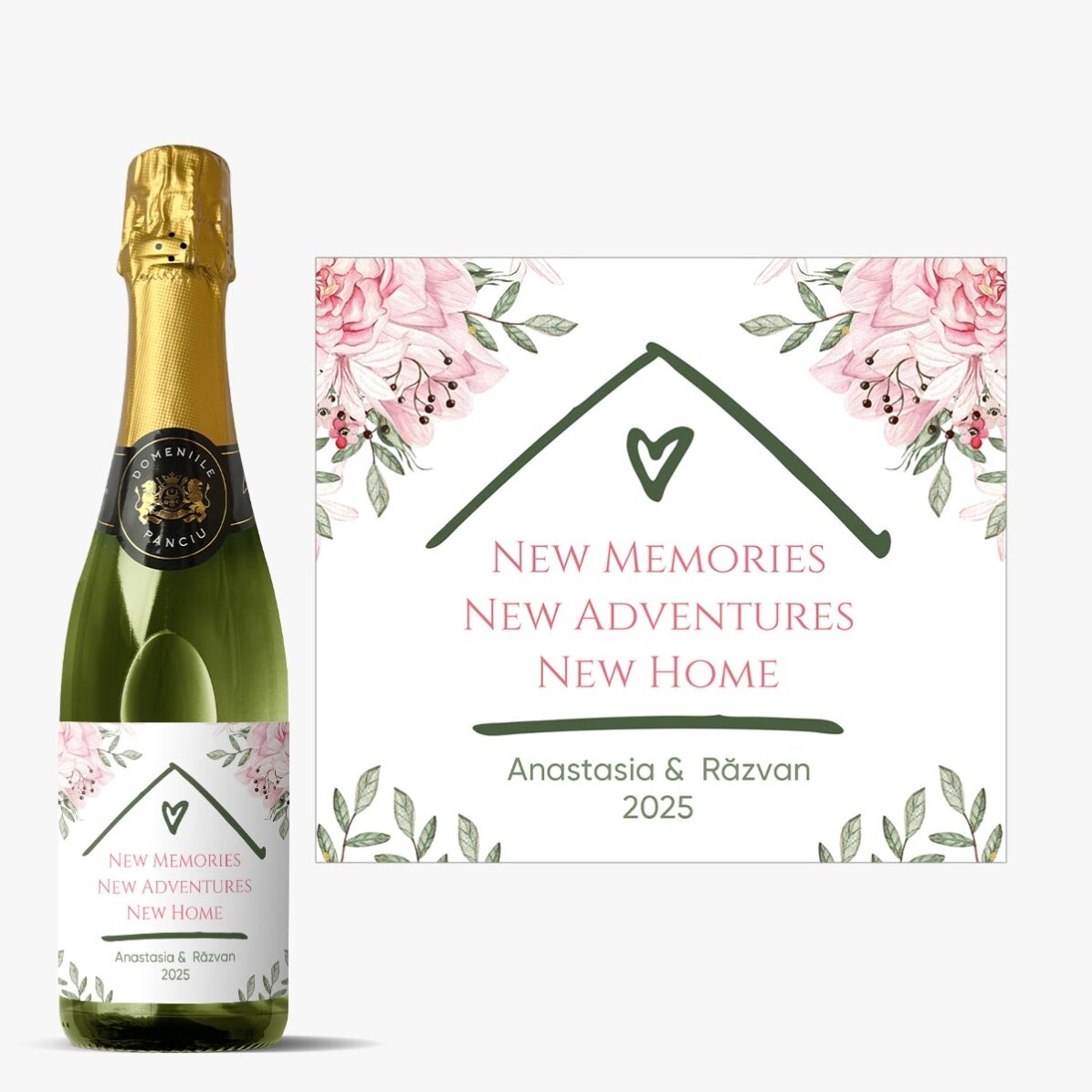 Sticlă medie de vin spumant personalizată cu mesaj - New Home