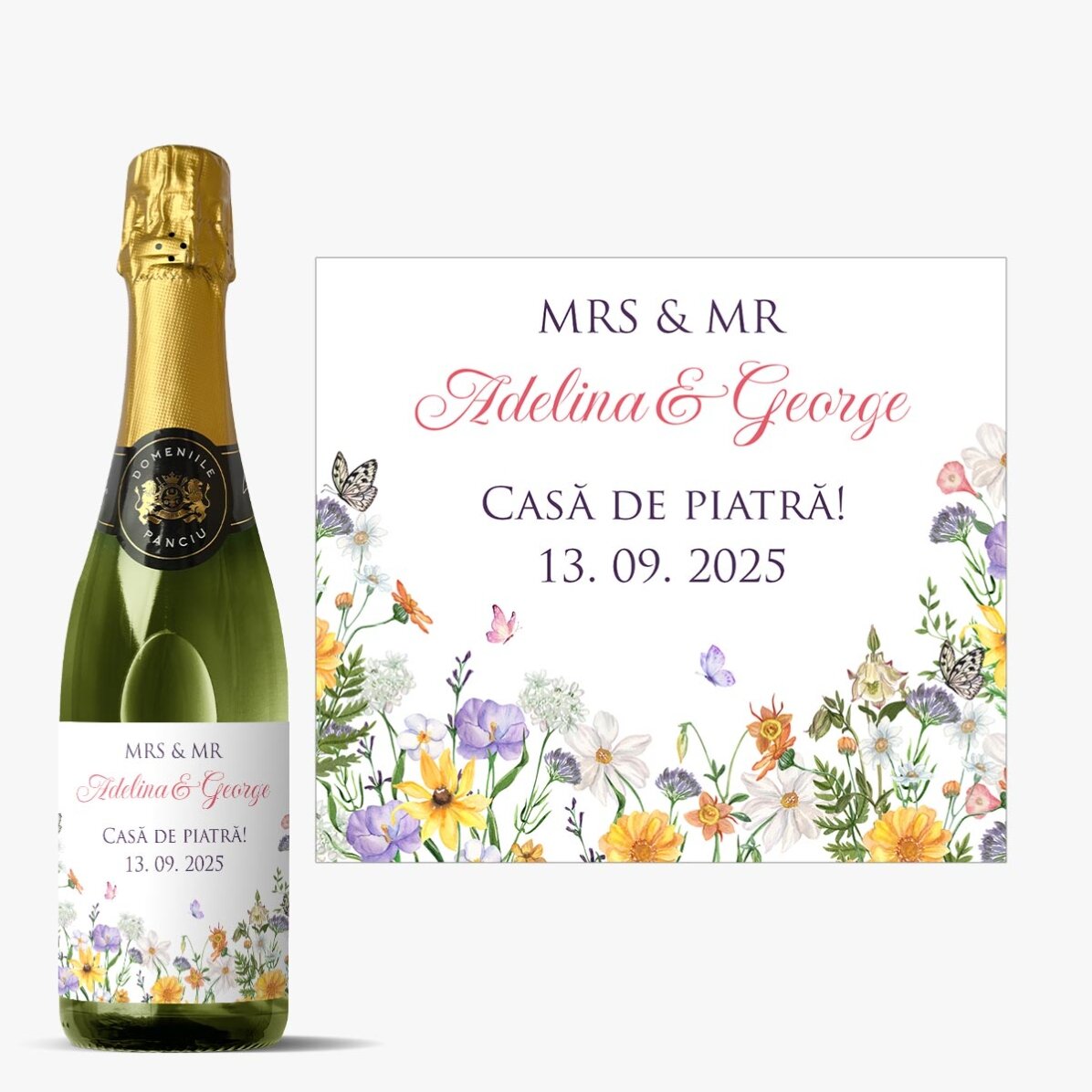 Sticlă medie de vin spumant personalizată cu text - Nuntă