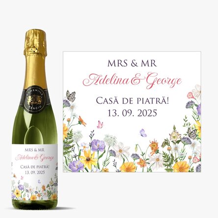 Sticlă medie de vin spumant personalizată cu text - Nuntă