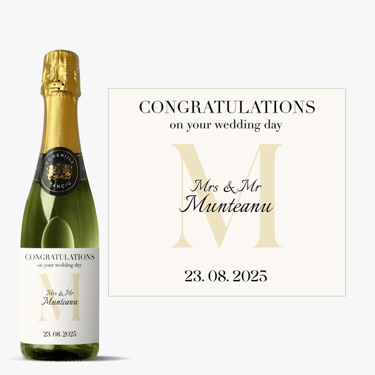 Sticlă medie de vin spumant personalizată cu text și inițială - Felicitări!