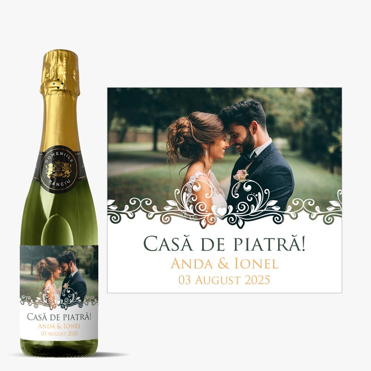 Sticlă medie de vin spumant personalizată cu text și o poză - Casă de piatră! 