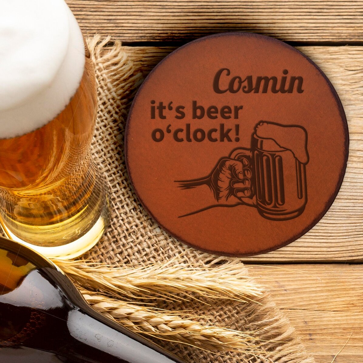 Suport pahar din piele personalizat cu text - It