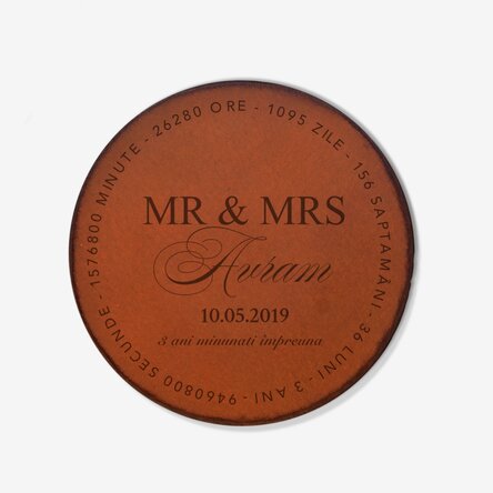 Suport pahar din piele personalizat cu text - Mr & Mrs