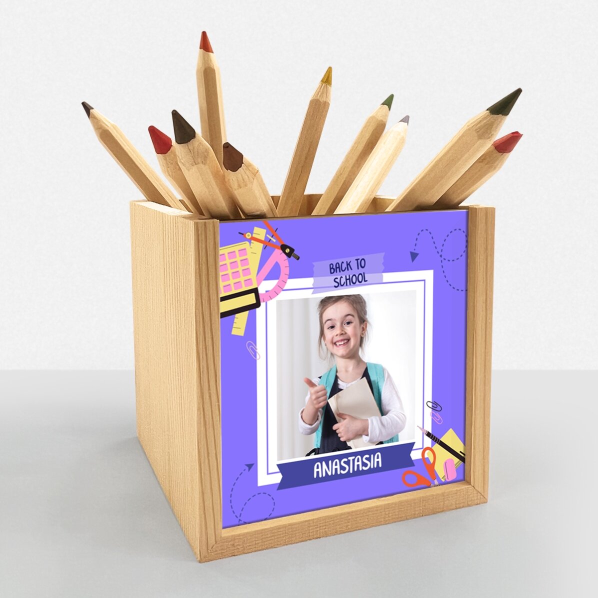 Suport pentru creioane personalizat cu poză și text - Back to school